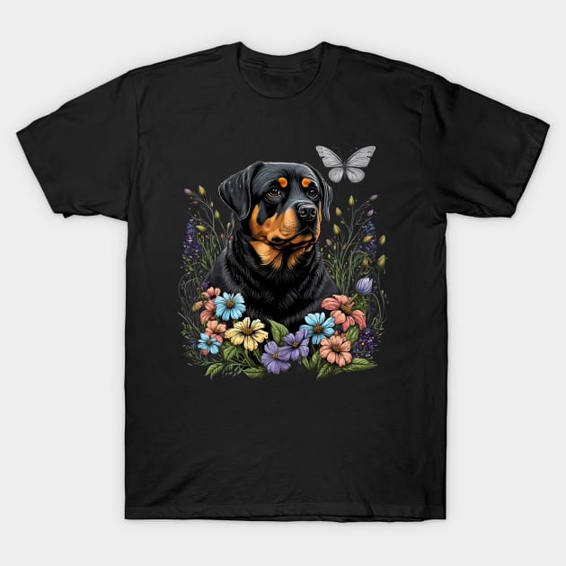 Rottweiler and Butterfly in the Spring Garden Floral Black T-Shirt by Sports Stars ⭐⭐⭐⭐⭐